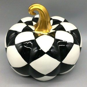 Halloween Harlequin Black White Ceramic Pumpkin Courtly Gold Stem Fall Decor NEW
